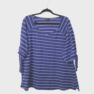 Lee Womens 1X Top 3/4 Tie Sleeve Blue White Striped Pullover Stretch‎ Nautical